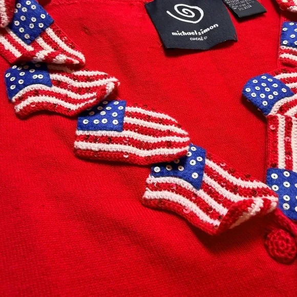 🇺🇸 Vintage Patriotic Flag Cardigan ✨ Sequin Crochet Statement Sweater Size S - Picture 10 of 13